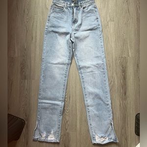 PLT Light Blue Wash Ripped Split Hem Straight Leg Jeans